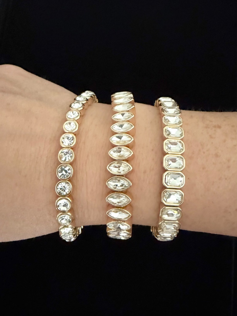 Set of 3 Stretch Tennis Bracelets Chico's Gold Tone Clear/White Stones NWT